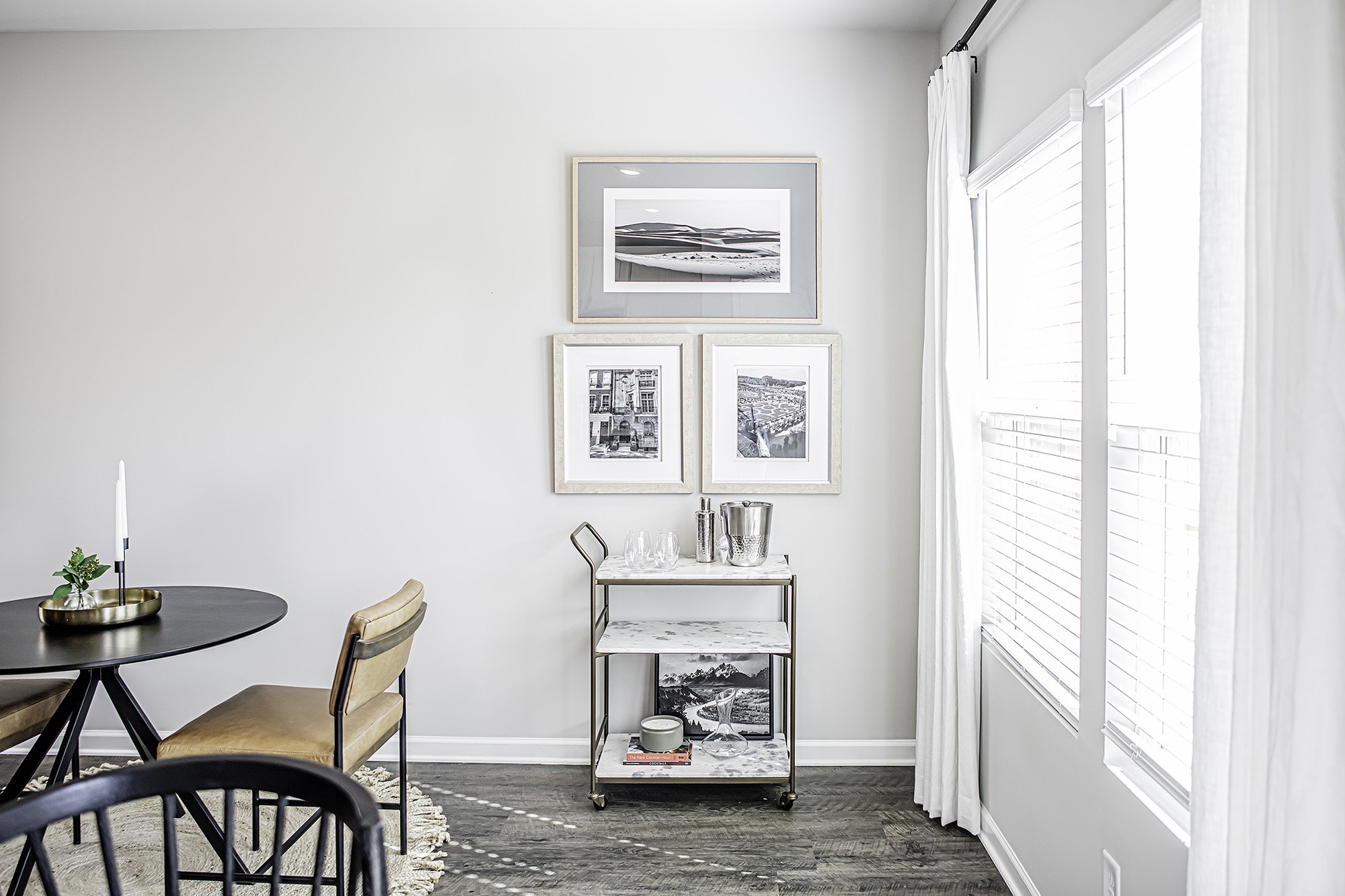 Multi family interior design Georgia model apartment design dining room interior bar cart