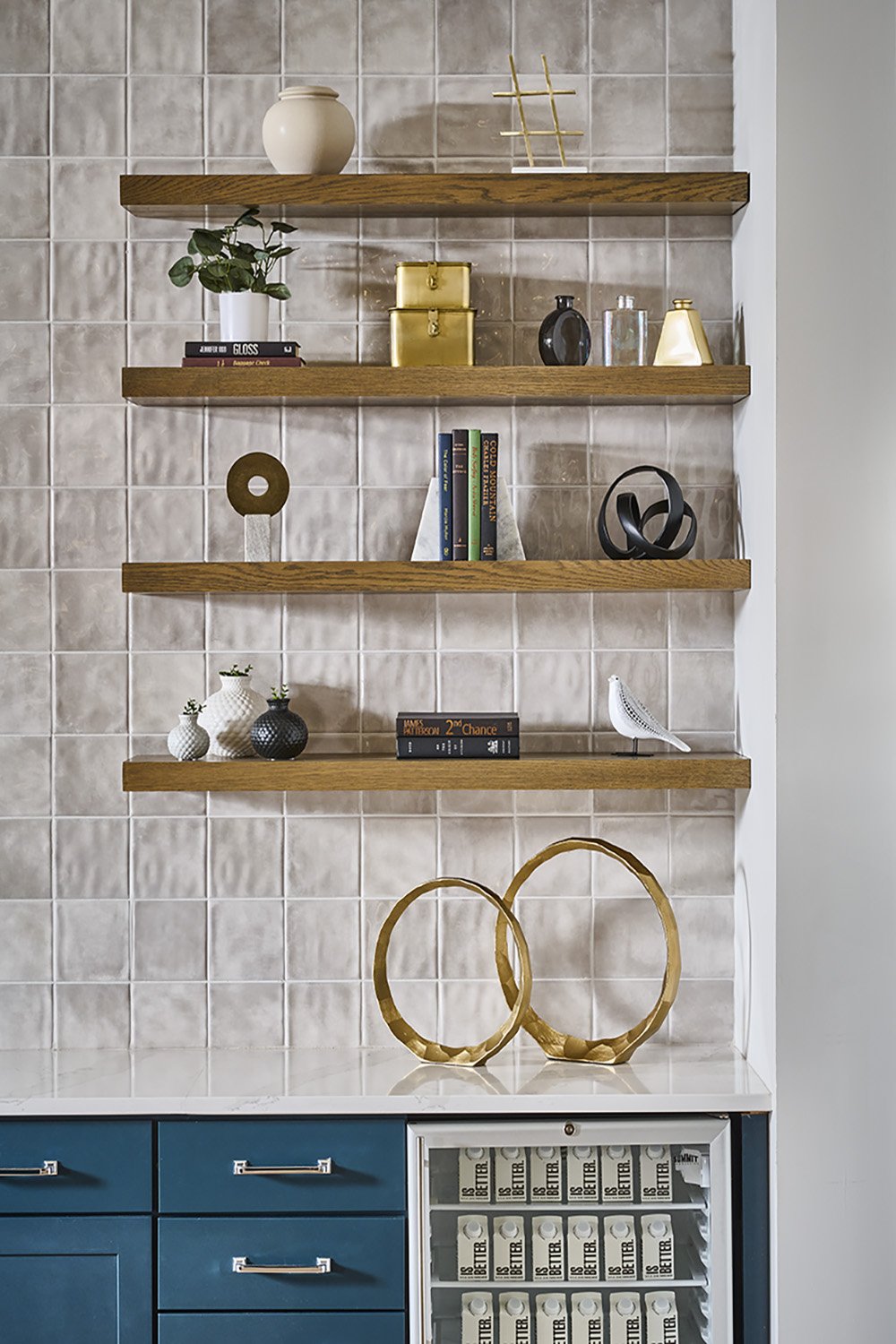 floating wood shelves with white tile