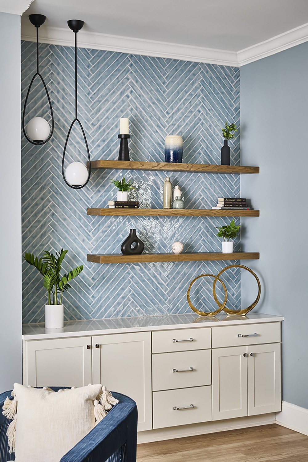 Multi family interior design Georgia BTR amenity floating wood shelves